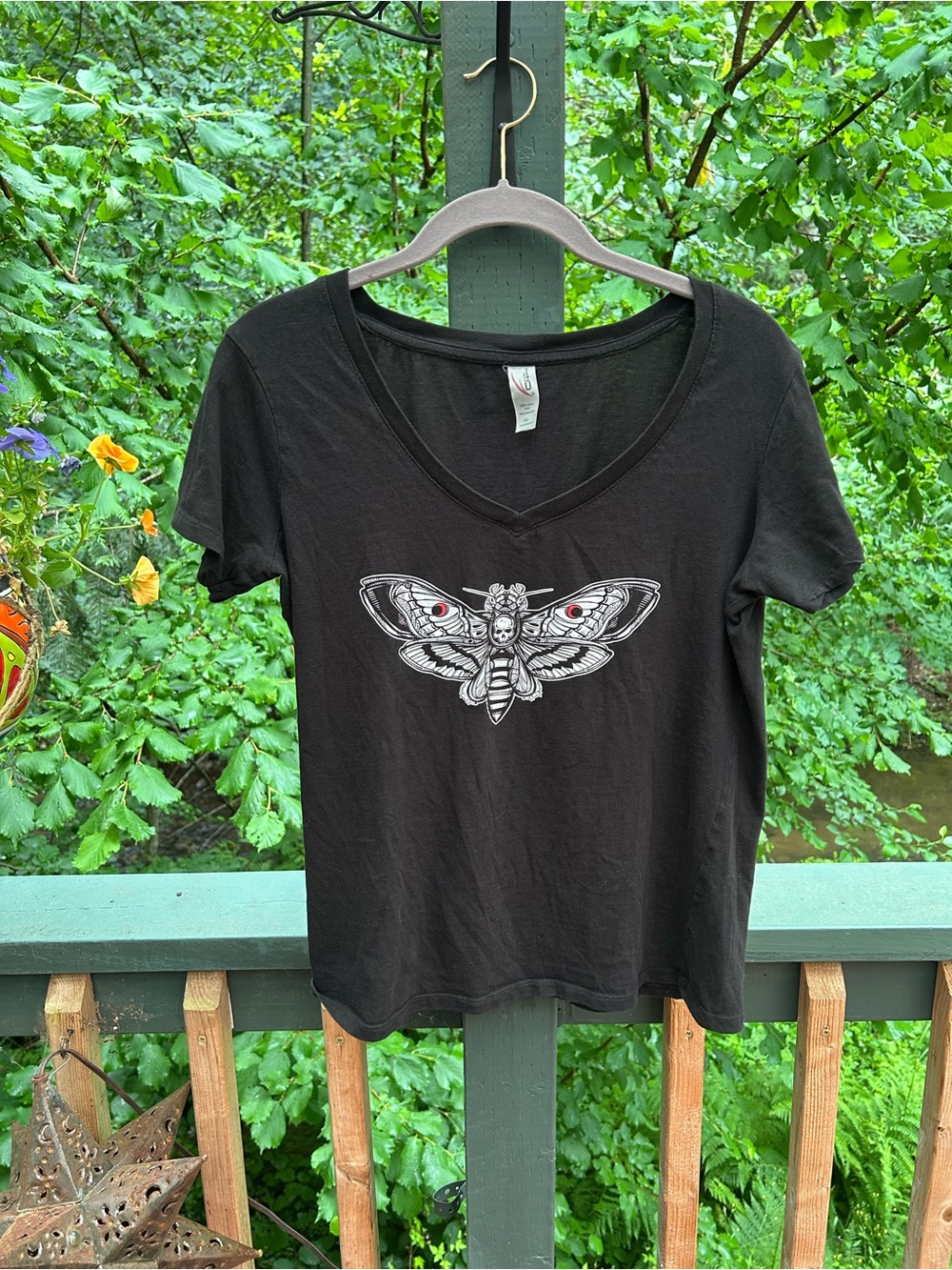 Black V-Neck Women's Tee with Moth Graphic